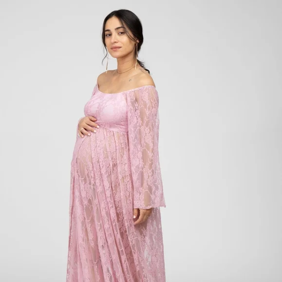 chinese dress ladies Lace Scoop Maternity Photoshoot Long Dress with Sleeves, Pink / XL